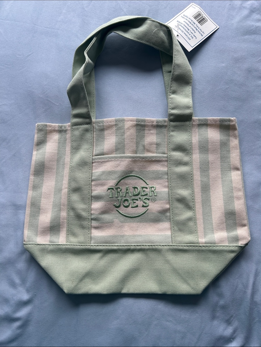 Two Trader Joe’s Pastel Green and Beige Striped Canvas mini Tote Bags.